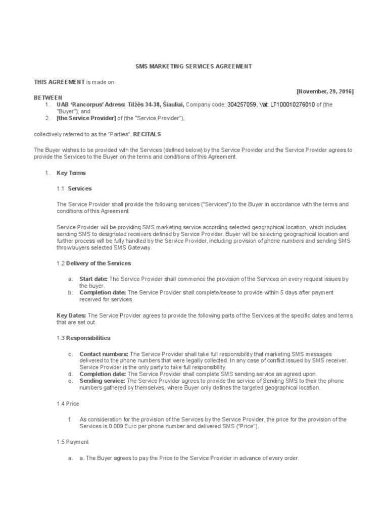 SMS Service Contract Agreement (1) Liquidation Short Message Service