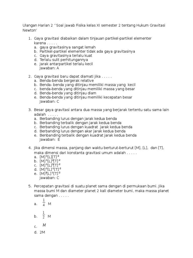 Soal Pilgan Gravitasi Newton