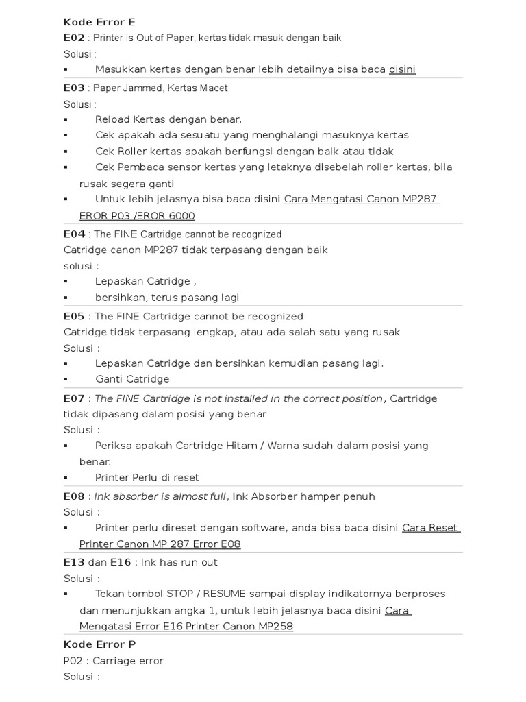 Solusi Kode Error Printer Canon MP287 | PDF