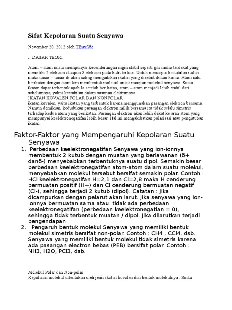 Faktor Faktor Yang Mempengaruhi Kepolaran Suatu Senyawa