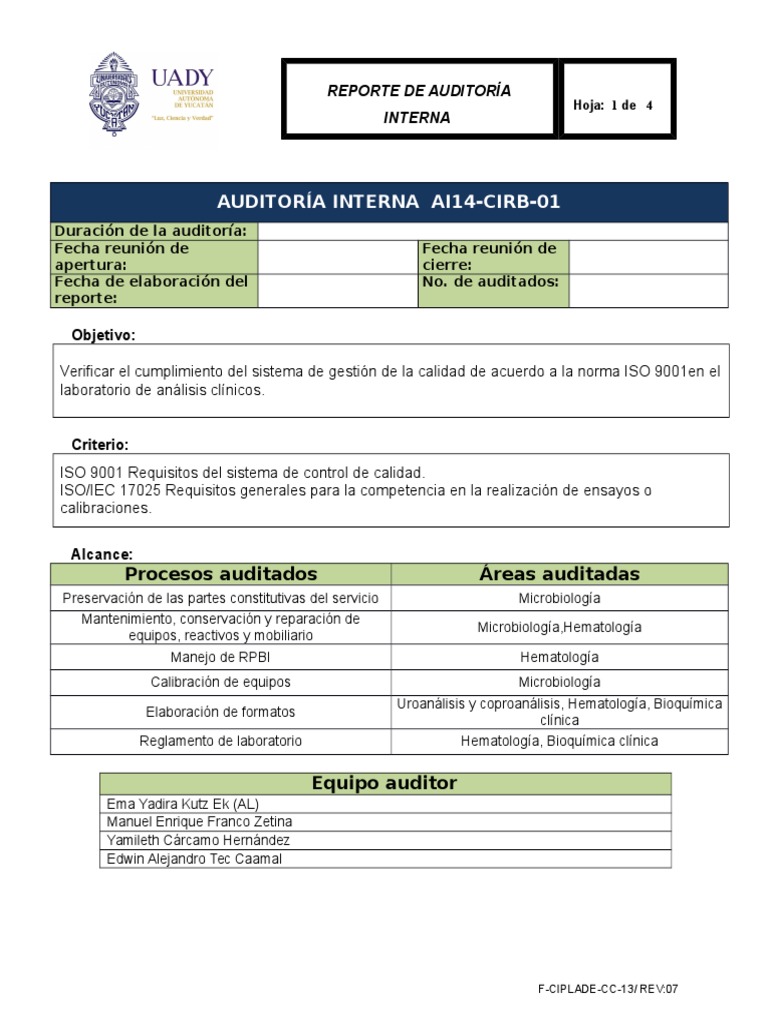 Informe de Auditoría Interna ISO 9001 | PDF | Laboratorios | Auditoría