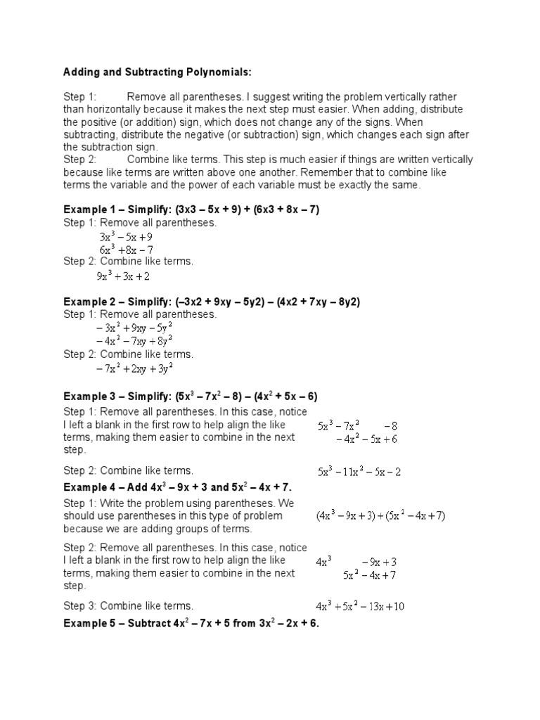 Adding and Subtracting Polynomials | PDF | Polynomial | Subtraction