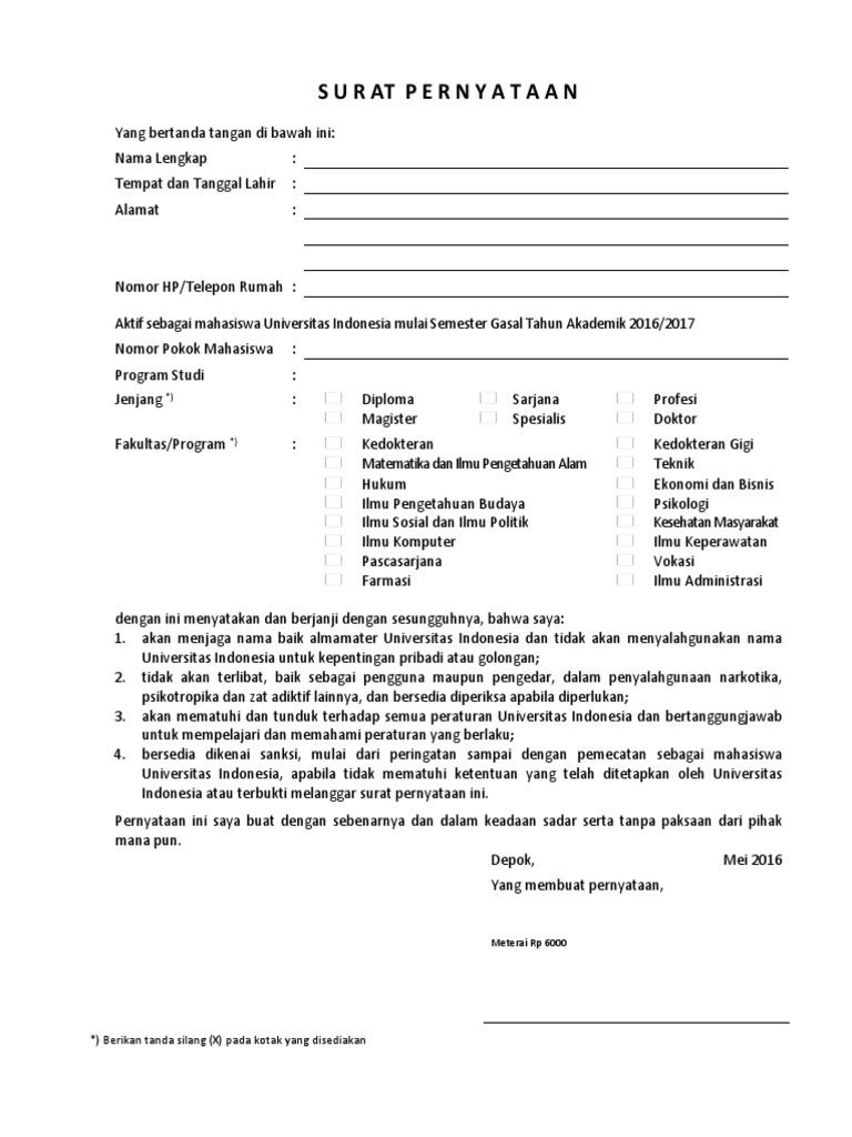 Surat Pernyataan Mahasiswa Baru UI | PDF