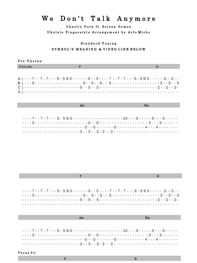 We Don't Talk Anymore (Fingerstyle Ukulele Tabs) PDF PDF String