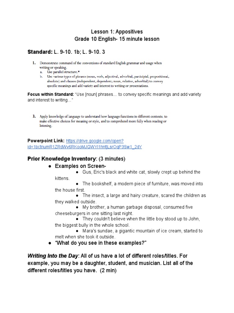 Standard: L. 9-10. 1b L. 9-10. 3: Lesson 1: Appositives Grade 10 ...