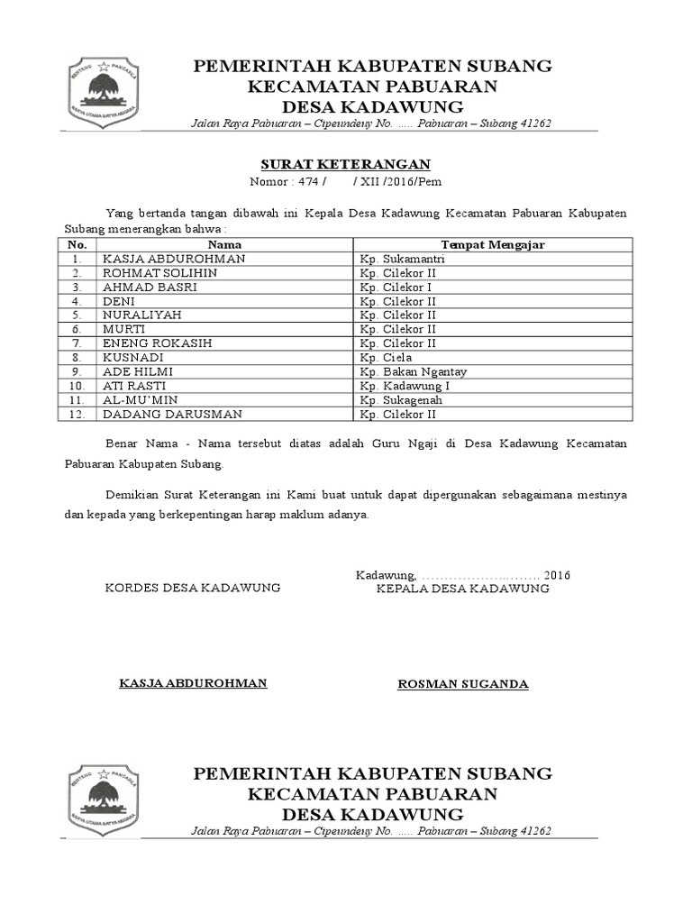 Surat Keterangan Guru Ngaji Tahun 2016 Pengeluaran serta surat pernyataan.