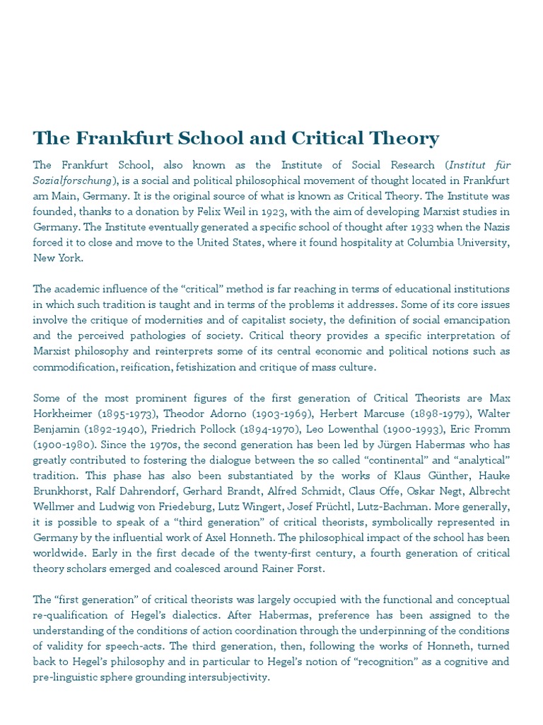 Frankfurt school and critical theory internet encyclopedia of