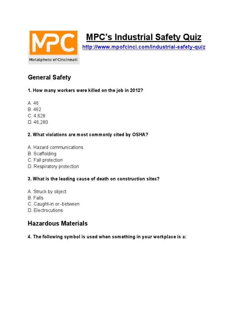 Industrial Safety Quiz by Metalphoto of Cinci PDF Dangerous Goods