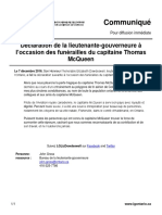 Déclaration de la lieutenante-gouverneure à l’occasion des funérailles du capitaine Thomas McQueen