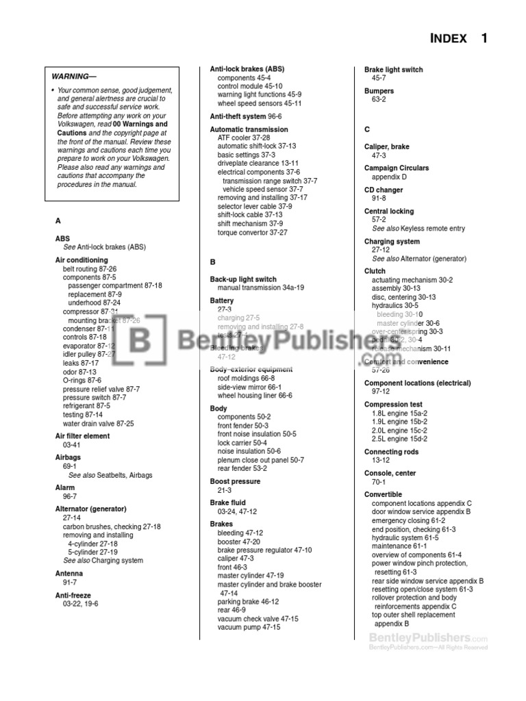 Volkswagen New Beetle Repair Manual: 1998-2010 - Complete Index | Manual  Transmission | Anti Lock Braking System