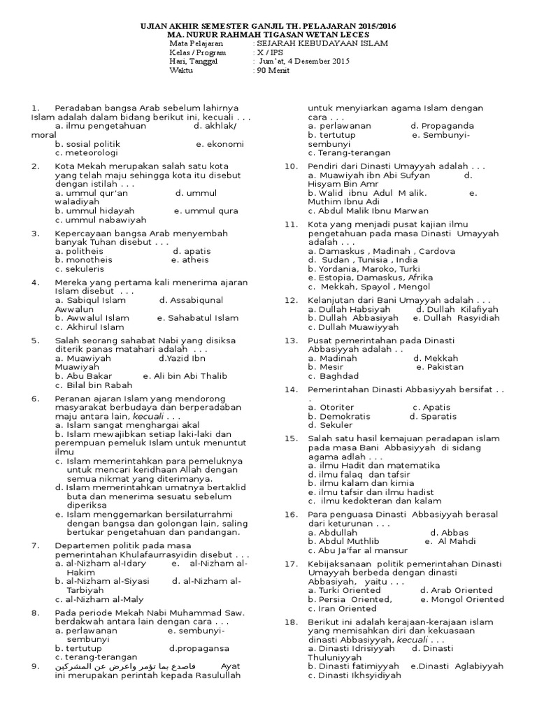 Soal Ujian Semester Genap Ski Ma Kls X
