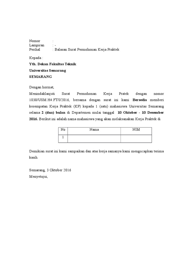 Contoh Surat Balasan Magang