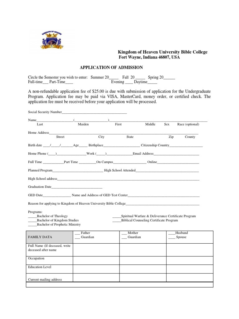 Bible College Admission Application Form | PDF | Secondary School ...