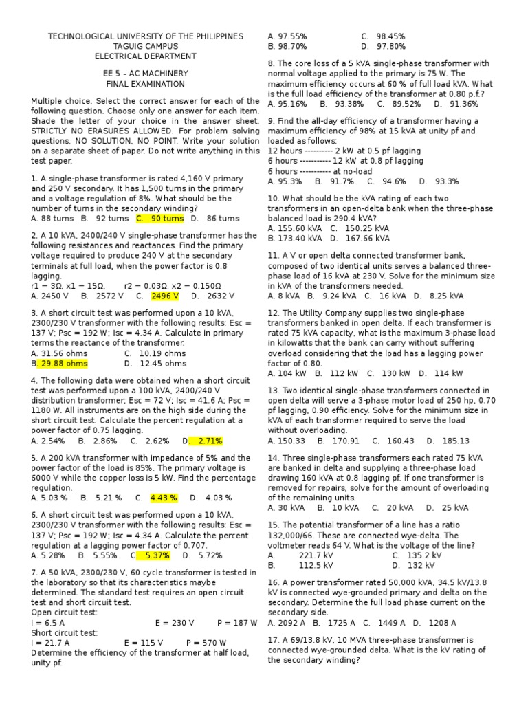 Analysis of AC Machinery Final Examination Questions Focusing on Transformers and Alternators