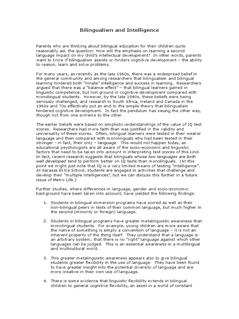 Bilingualism And Intelligence Pdf Multilingualism Cognitive