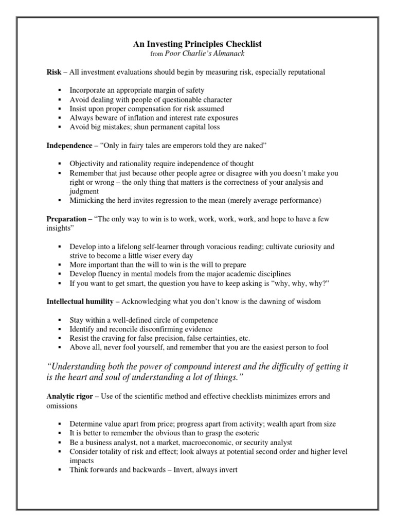 Charlie Munger - An - Investing - Principles - Checklist PDF | PDF