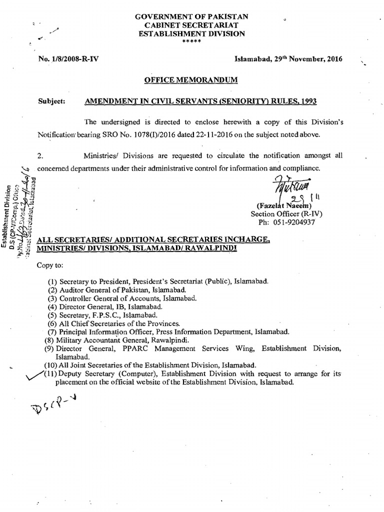 Amemdment in Civil Servants Rules 1993 29 Nov 2016 PDF Government Institutions Government