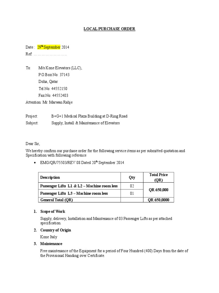Local Purchase Order for Elevators | PDF | Technology & Engineering