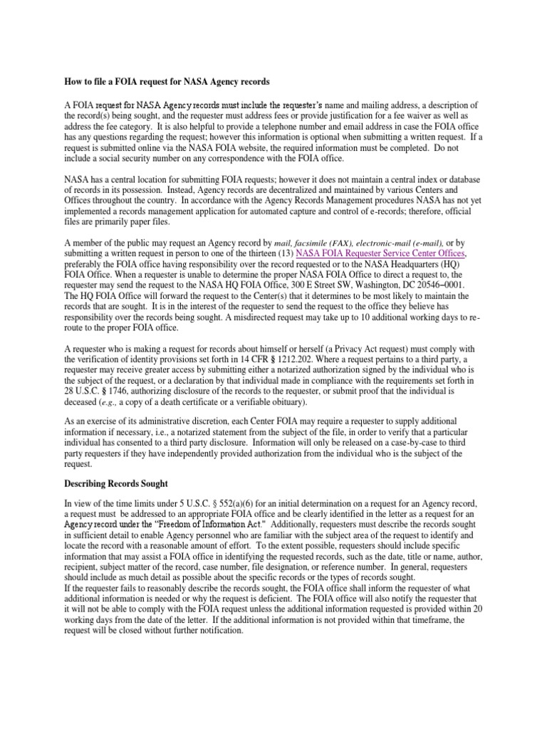 Filing a FOIA Request for NASA Records | PDF | Freedom Of Information ...