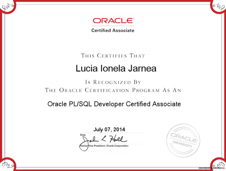 Lucia Ionela Jarnea: Oracle PL/SQL Developer Certified Associate | PDF