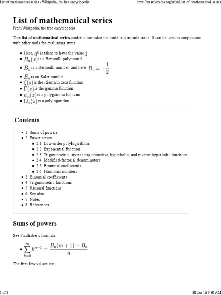 List of Mathematical Series - Wikipedia, The Free Encyclopedia | Series ...