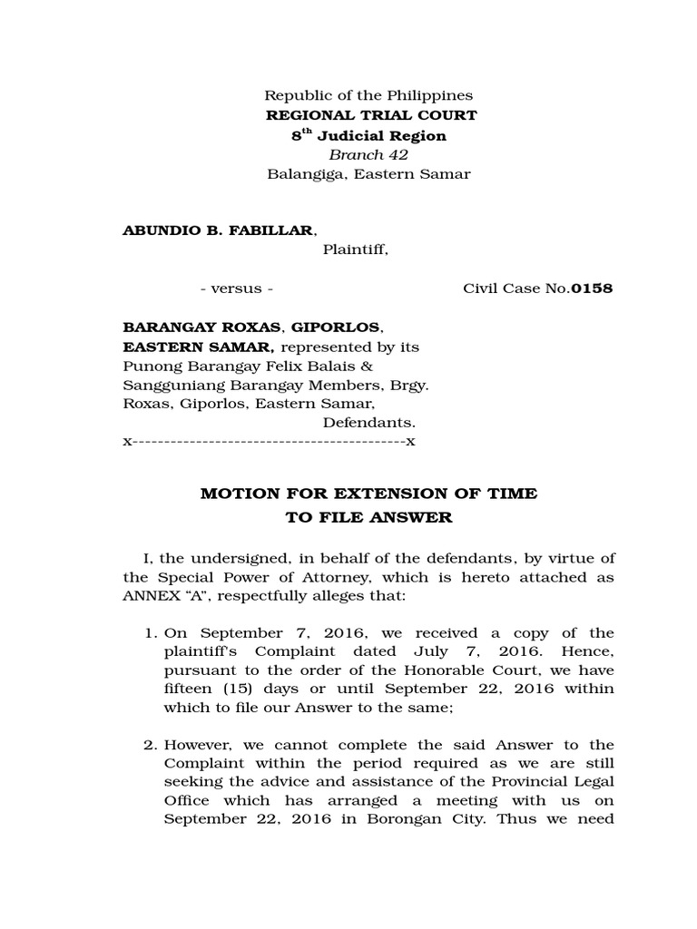 Motion for Extension of Time to Answer | PDF