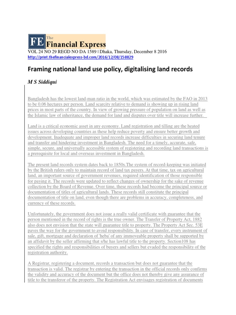 Framing National Land Use Policy, Digitalising Land Records Financial