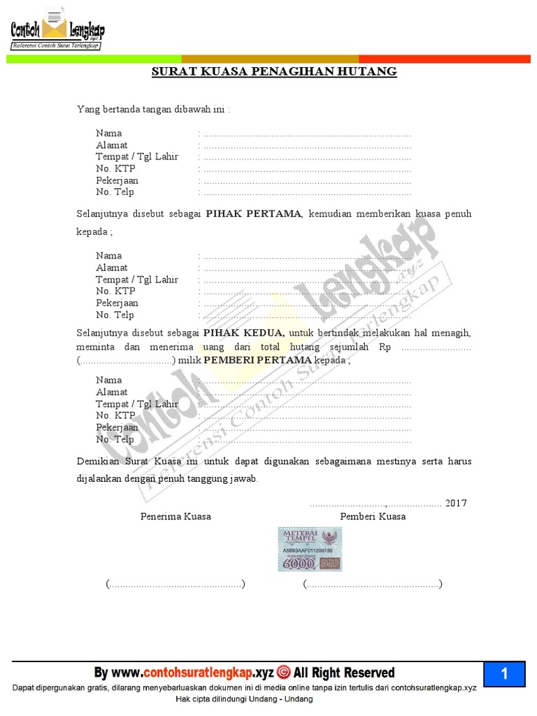 Contoh Surat Kuasa Penagihan Hutang Pdf