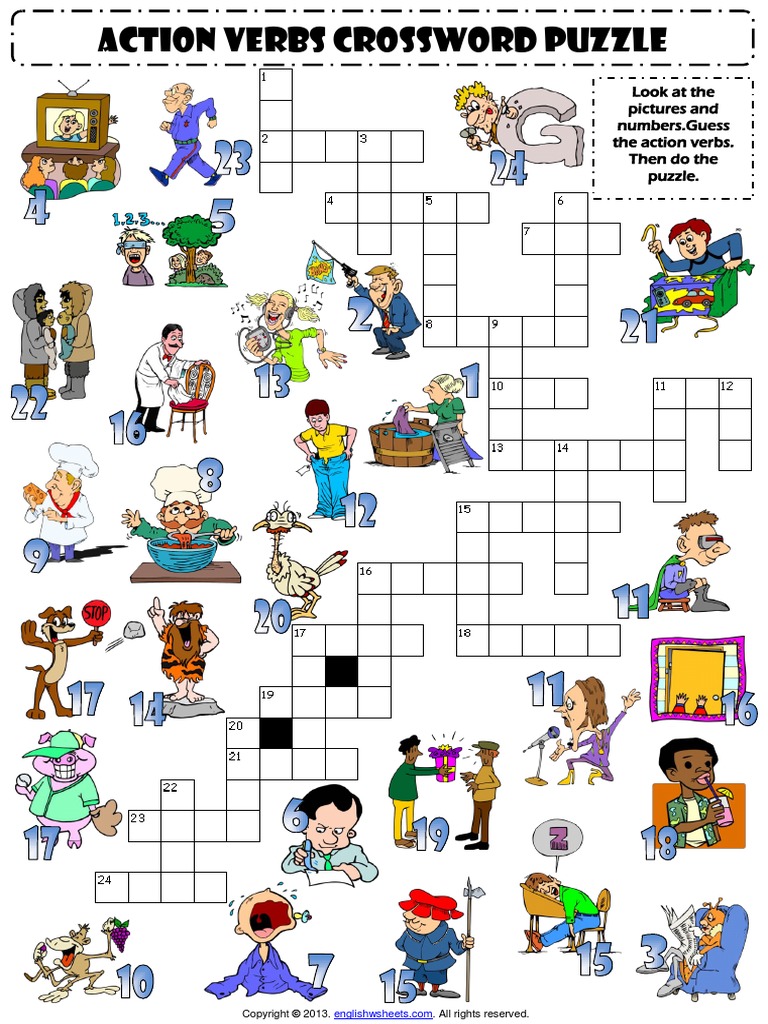 action verbs esl vocabulary crossword puzzle worksheet for kids pdf