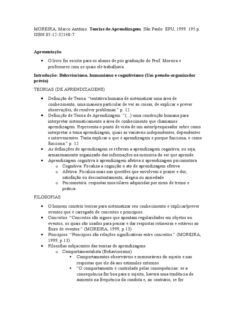 MOREIRA, Marcos Antônio. Teorias de Aprendizagem | PDF | Behaviorismo ...
