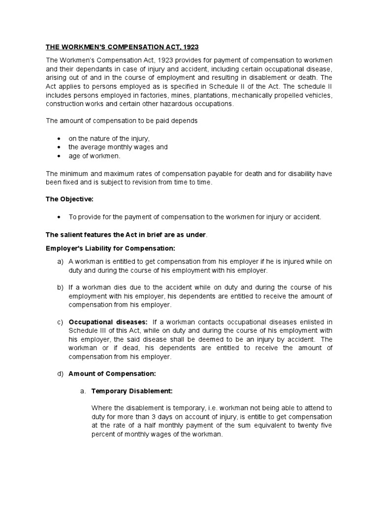 Workmen's Compensation Act 1923 Overview | PDF | Workers' Compensation ...
