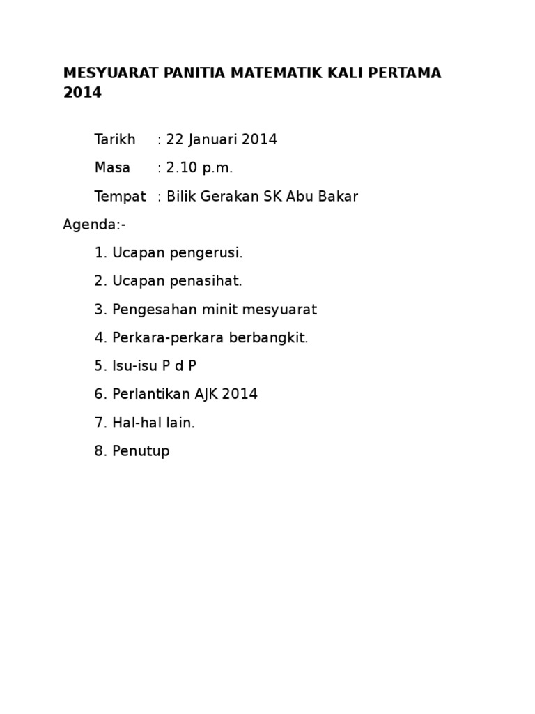 Agenda Mesyuarat Panitia Matematik Kali Pertama 2014 Pdf