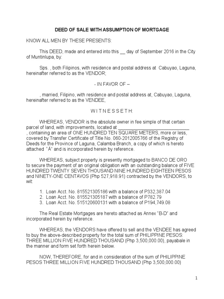 Deed of Sale With Assumption of Mortgage A Mortgage Law Private Law