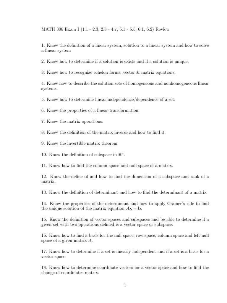 Linear Algebra Exam Review Guide | PDF