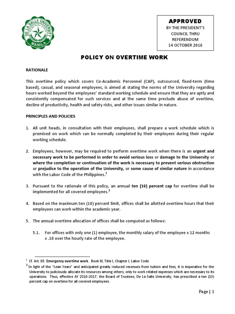 Policy Overtime Work | PDF | Overtime | Employment