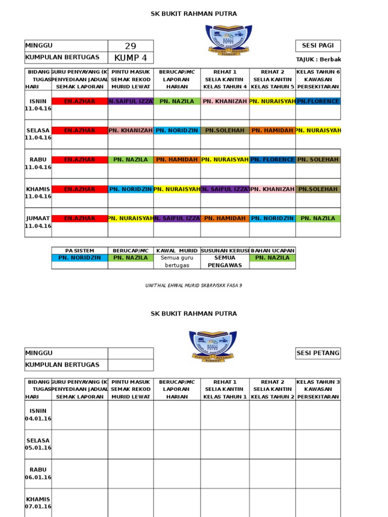 Jadual Bertugas Mingguan Guru Penyayang Pdf