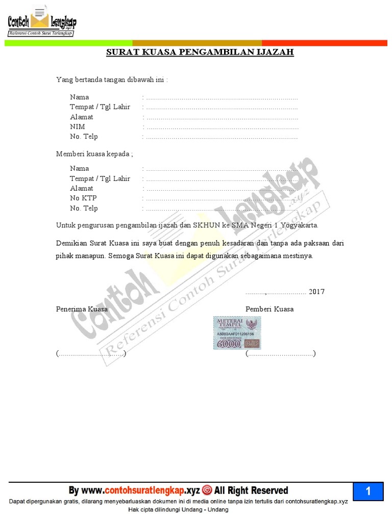 Surat Kuasa Pengambilan Legalisir Ijazah