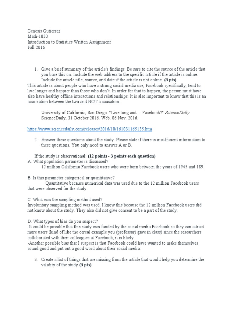 Introduction To Statistics Written Assignment | PDF | Facebook | Social ...