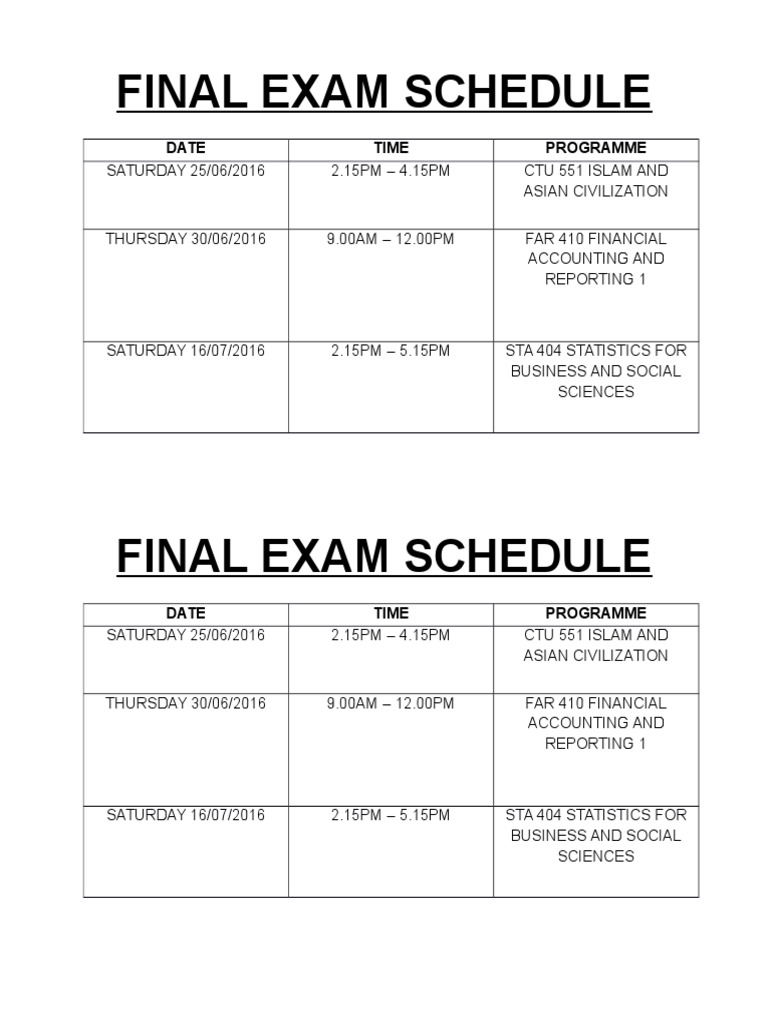 Final Exam Schedule Date Time Programme PDF