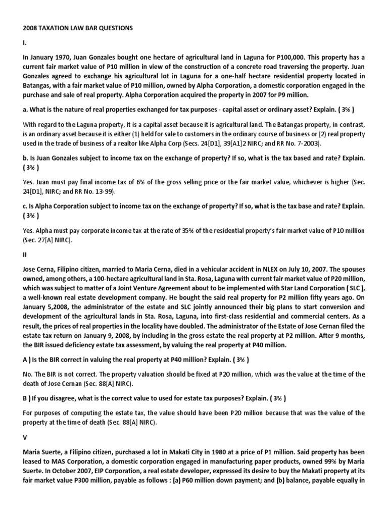 2008 Taxation Law Bar Questions PDF Taxes Corporate Tax