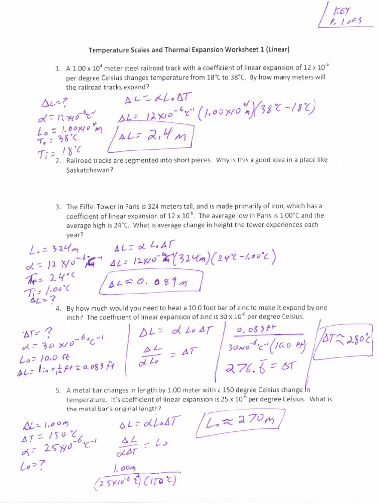 Linear Expanison Worksheet (Key) Thermal Expansion Temperature