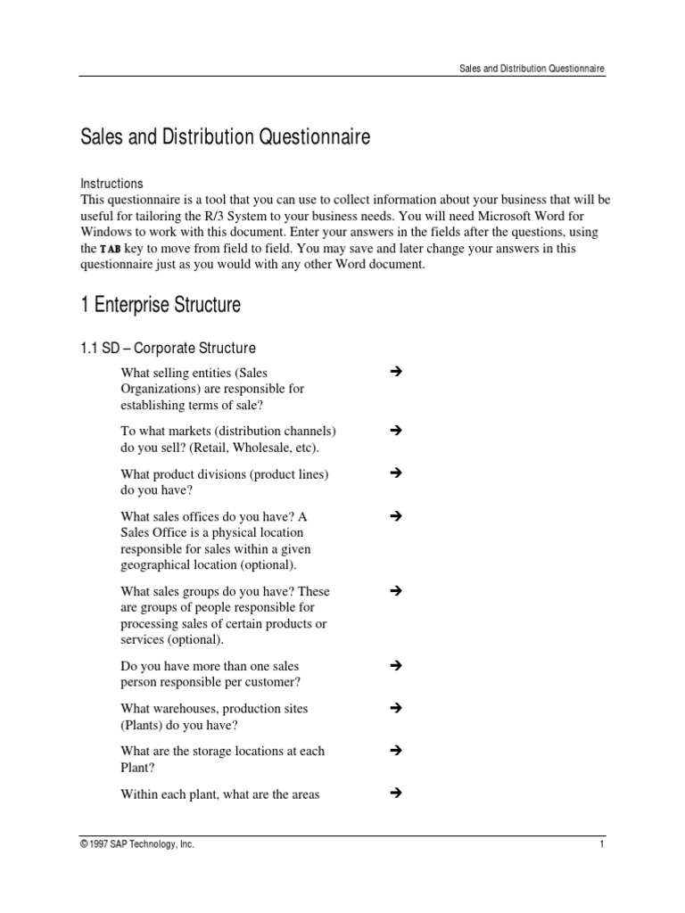 Sales and Distribution Questionnaire: 1 Enterprise Structure | PDF