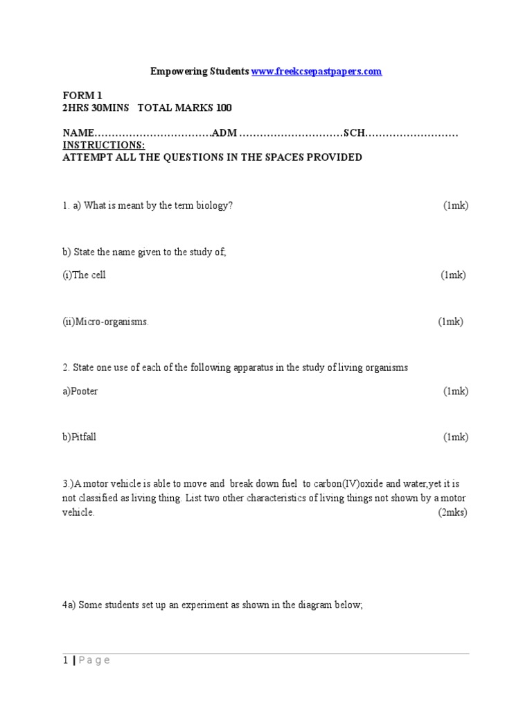 Biology Form 1 Exam 2q (1) Cell (Biology) Microscope