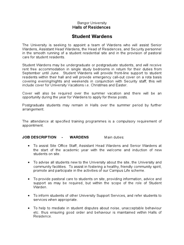 Student Warden Job Description PDF Students Dormitory