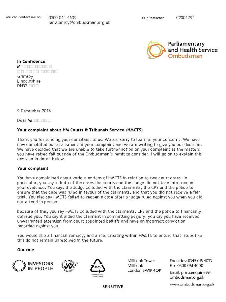 Parliamentary Ombudsman Decision Letter Complaint Justice