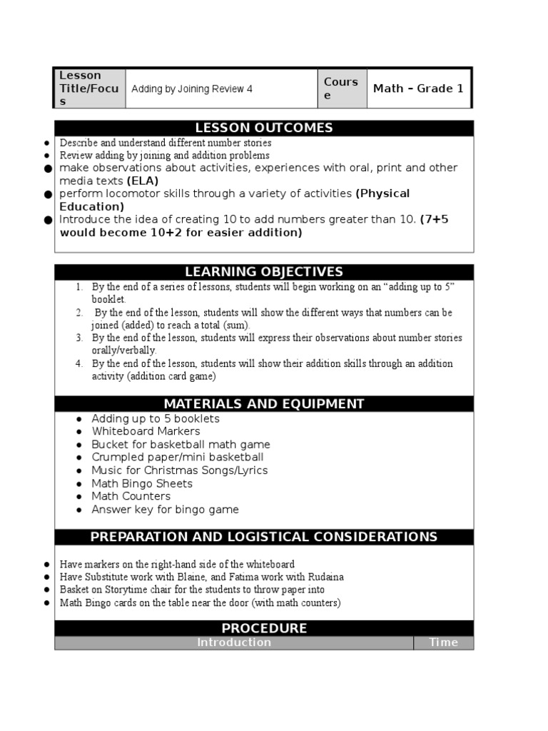 Lesson Outcomes: Lesson Title/Focu S Cours e Math - Grade 1 | PDF ...