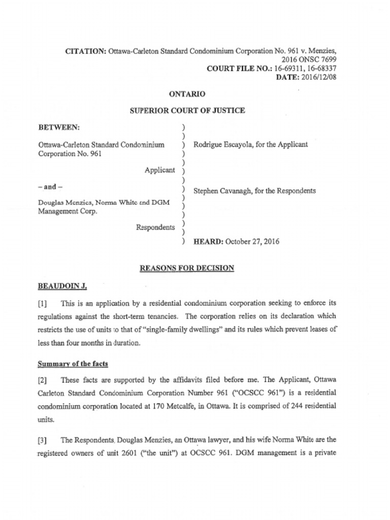 OttawaCarleton Condo Corp 961 v. Menzies PDF Condominium Waiver