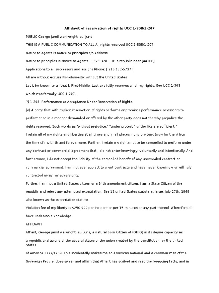 Affidavit of Reservation of Rights UCC 1 | PDF | Affidavit | Notary Public