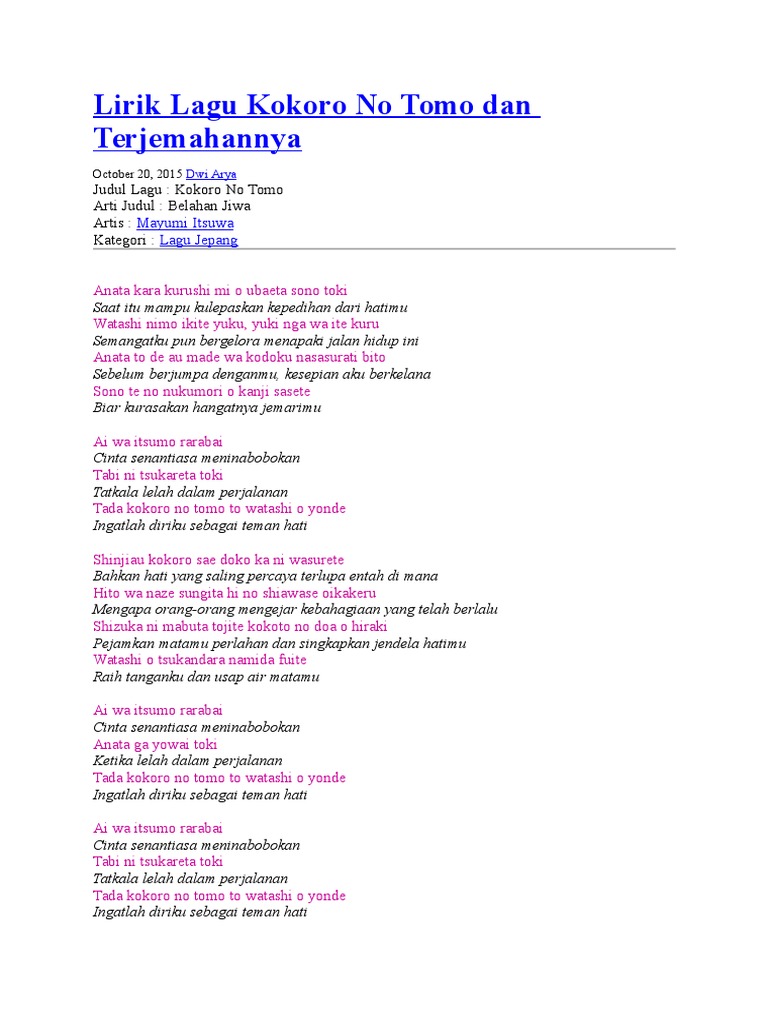 Lagu Kokoro No Tomo Dan Terjemahannya Doc