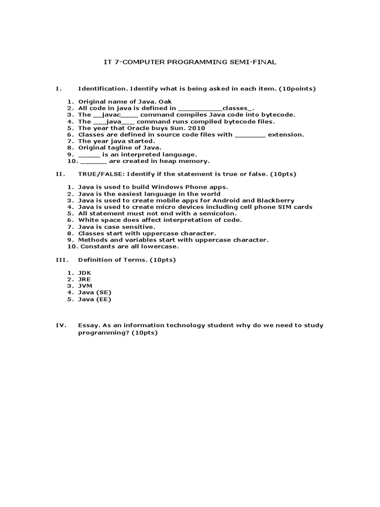 It 7-Computer Programming Semi-Final | PDF